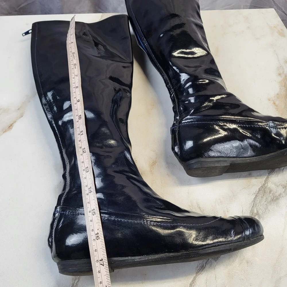 Lanvin Patent Leather Knee High Back Zip Boots Dark Blue Women's Size 6